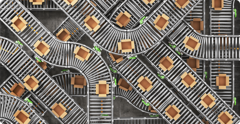 Photo of open boxes moving along conveyor belts